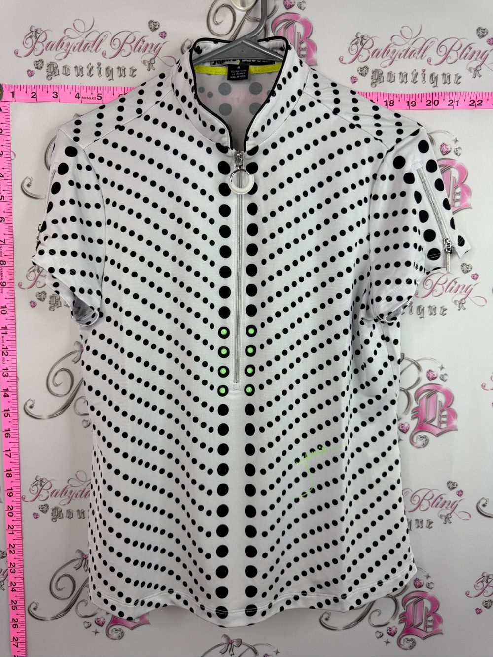 jamie sadock y2k shirt tee White and Black Polka Dot Short-Sleeve Zip Top